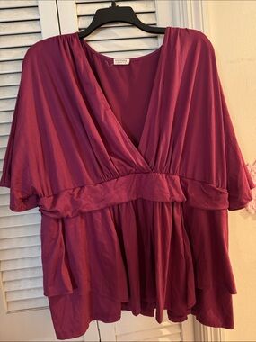 Kiyonna Plum V-Neck Smocked-Waist Flowy Top 4x